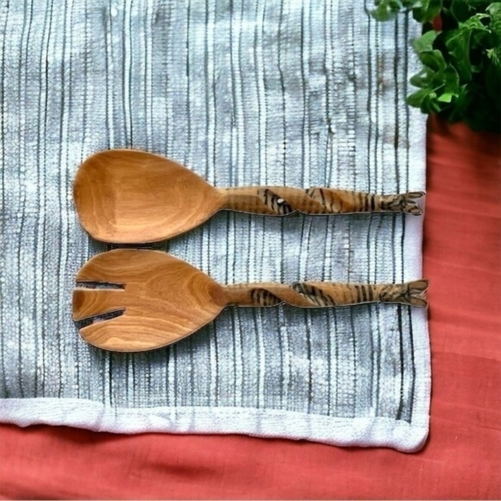 Set 2 Hand-Carved Zebra Wood Salad Serving Hands 11" Twisted Handle Tongs Set